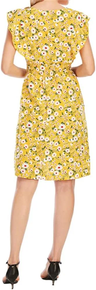 KEOMUD Women's Floral Print V Neck A-Line Summer Ruffle Sleeve Mini Dress Cute Short Dress
