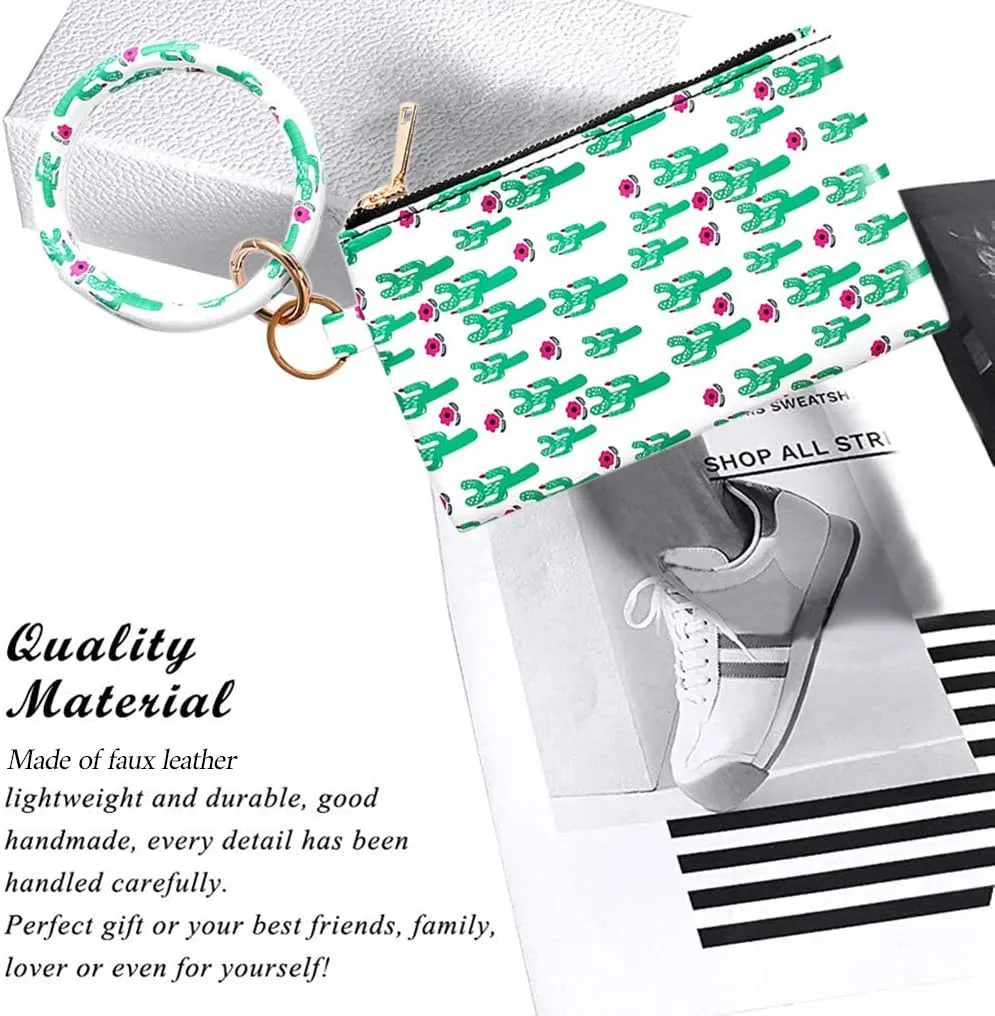 Key Chain Bracelets Women Keyring Bangle Circle Faux Leather Keychain With Wallet Wristlet Card Holder