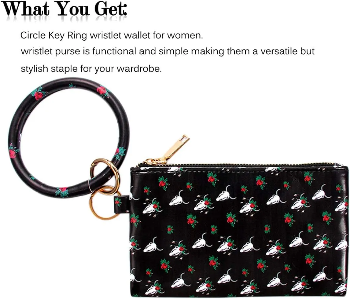 Key Chain Bracelets Women Keyring Bangle Circle Faux Leather Keychain With Wallet Wristlet Card Holder