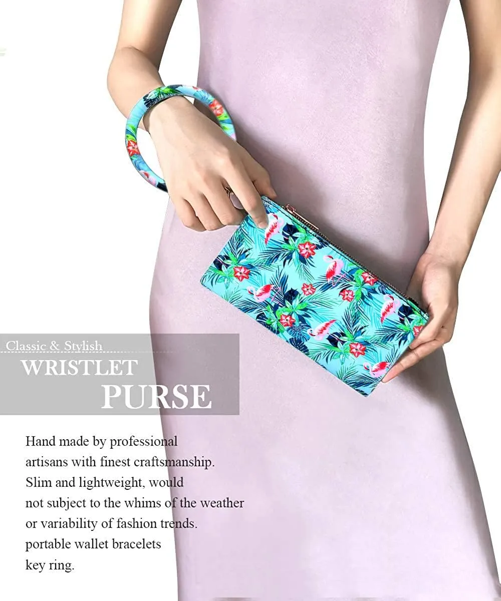 Key Chain Bracelets Women Keyring Bangle Circle Faux Leather Keychain With Wallet Wristlet Card Holder