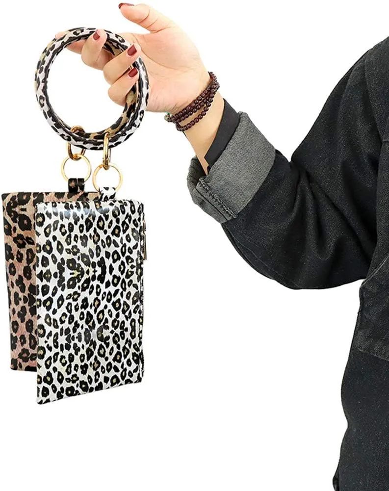 Key Chain Bracelets Women Keyring Bangle Circle Faux Leather Keychain With Wallet Wristlet Card Holder
