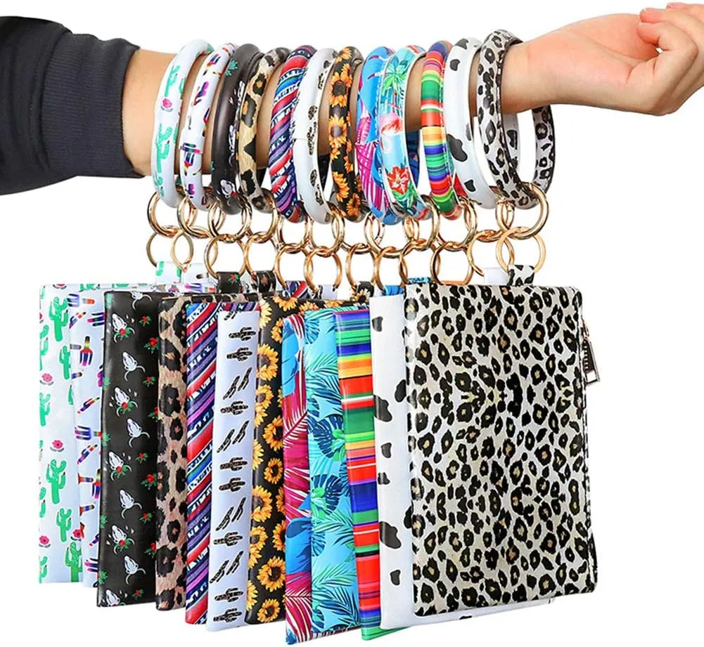 Key Chain Bracelets Women Keyring Bangle Circle Faux Leather Keychain With Wallet Wristlet Card Holder