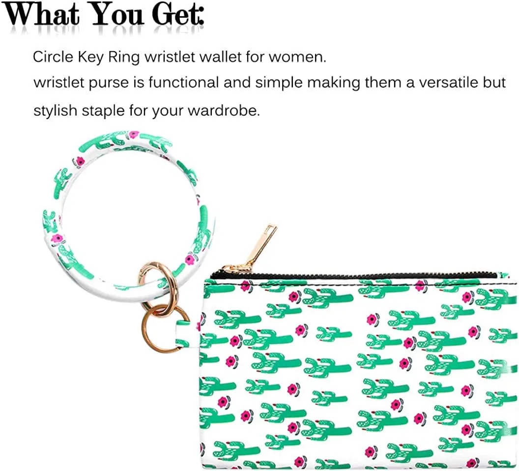 Key Chain Bracelets Women Keyring Bangle Circle Faux Leather Keychain With Wallet Wristlet Card Holder