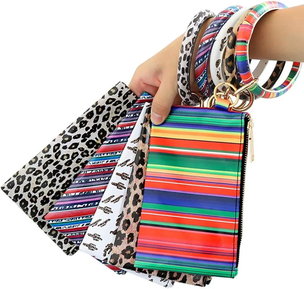 Key Chain Bracelets Women Keyring Bangle Circle Faux Leather Keychain With Wallet Wristlet Card Holder