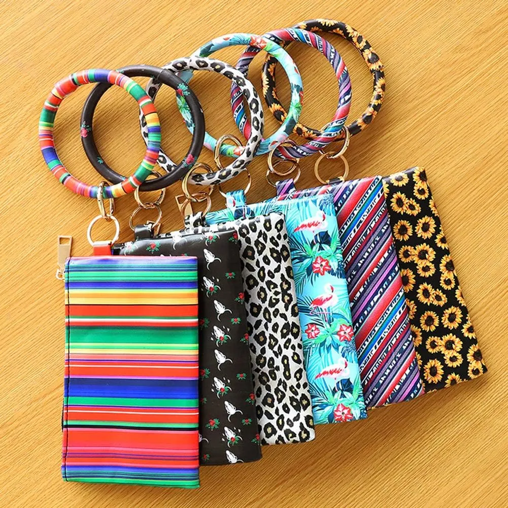 Key Chain Bracelets Women Keyring Bangle Circle Faux Leather Keychain With Wallet Wristlet Card Holder