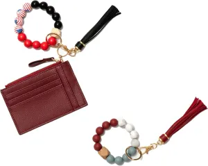 Key chain WristletSlim RFID Credit Card Holder Leather walletTassel bracelet keychain walletcard wallets for women (wine red)