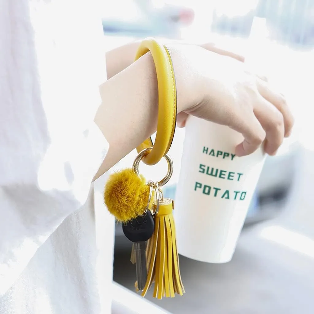 Keychain Bracelet Wristlet Bangle Key Holder Round Keyring PU Leather Tassel Key Ring Chain for Women Girls