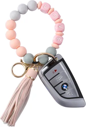 Keychain Bracelet Wristlet with Leather Tassel, Silicone Bead Key Ring Bracelets Wristlet with Letter LOVE for Women