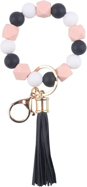 Keychain Silicone Bracelet Wristlet Beaded Tassel Bangle Keyring Portable House Car Key Holder Wristlet for Women