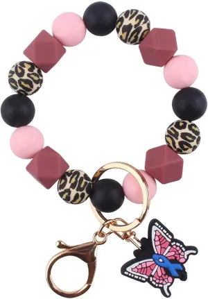 Keychain Wristlet for Women,Keyring Car Key Holder for Keys,Leopard Silicone Beaded Bracelet with Butterfly Charm
