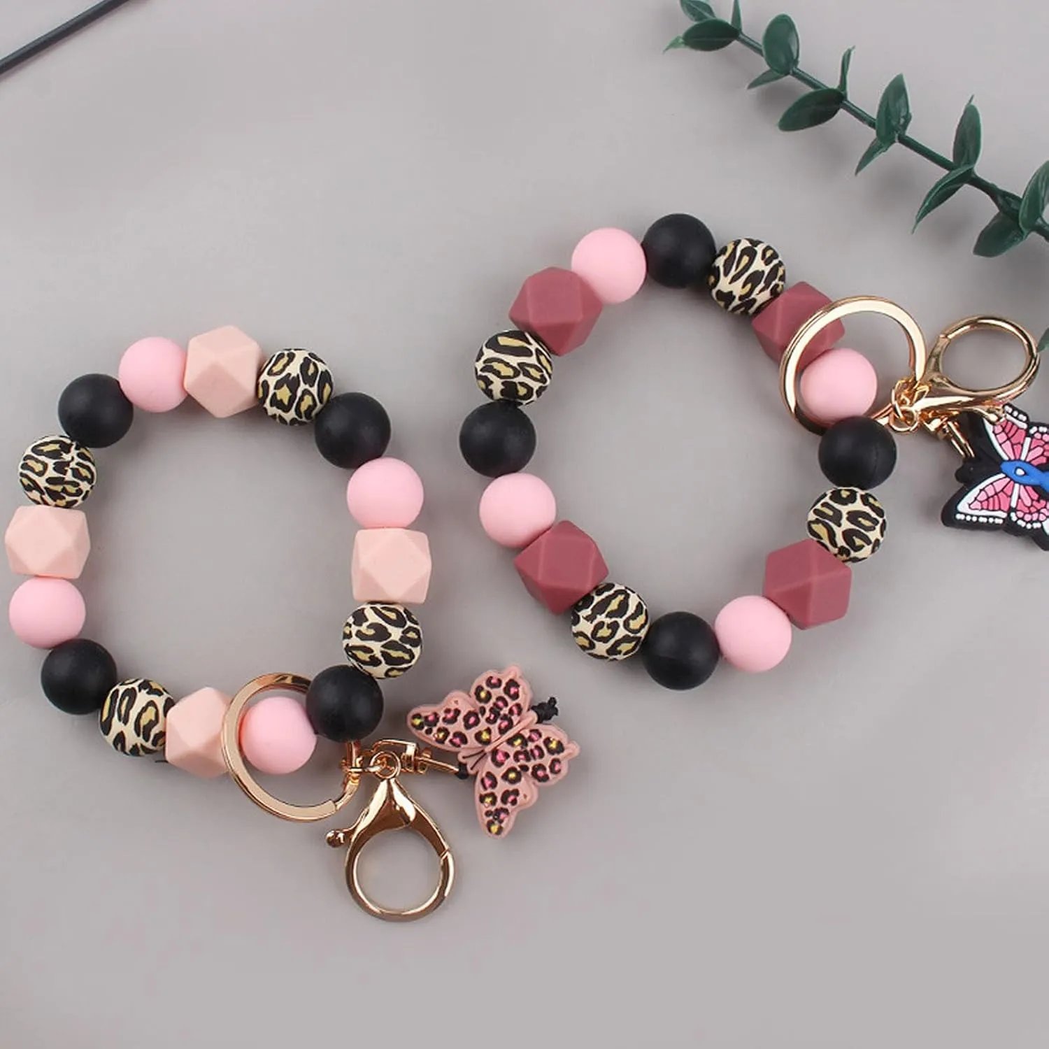 Keychain Wristlet for Women,Keyring Car Key Holder for Keys,Leopard Silicone Beaded Bracelet with Butterfly Charm