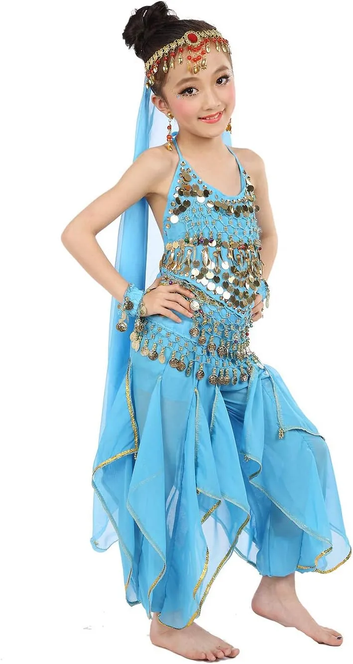 Kids Girls Belly Dance Halter Top Pants Costume Set Halloween Outfit with Head Veil Waist Chain and Bracelets
