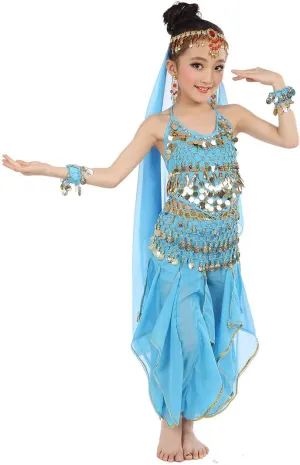 Kids Girls Belly Dance Halter Top Pants Costume Set Halloween Outfit with Head Veil Waist Chain and Bracelets