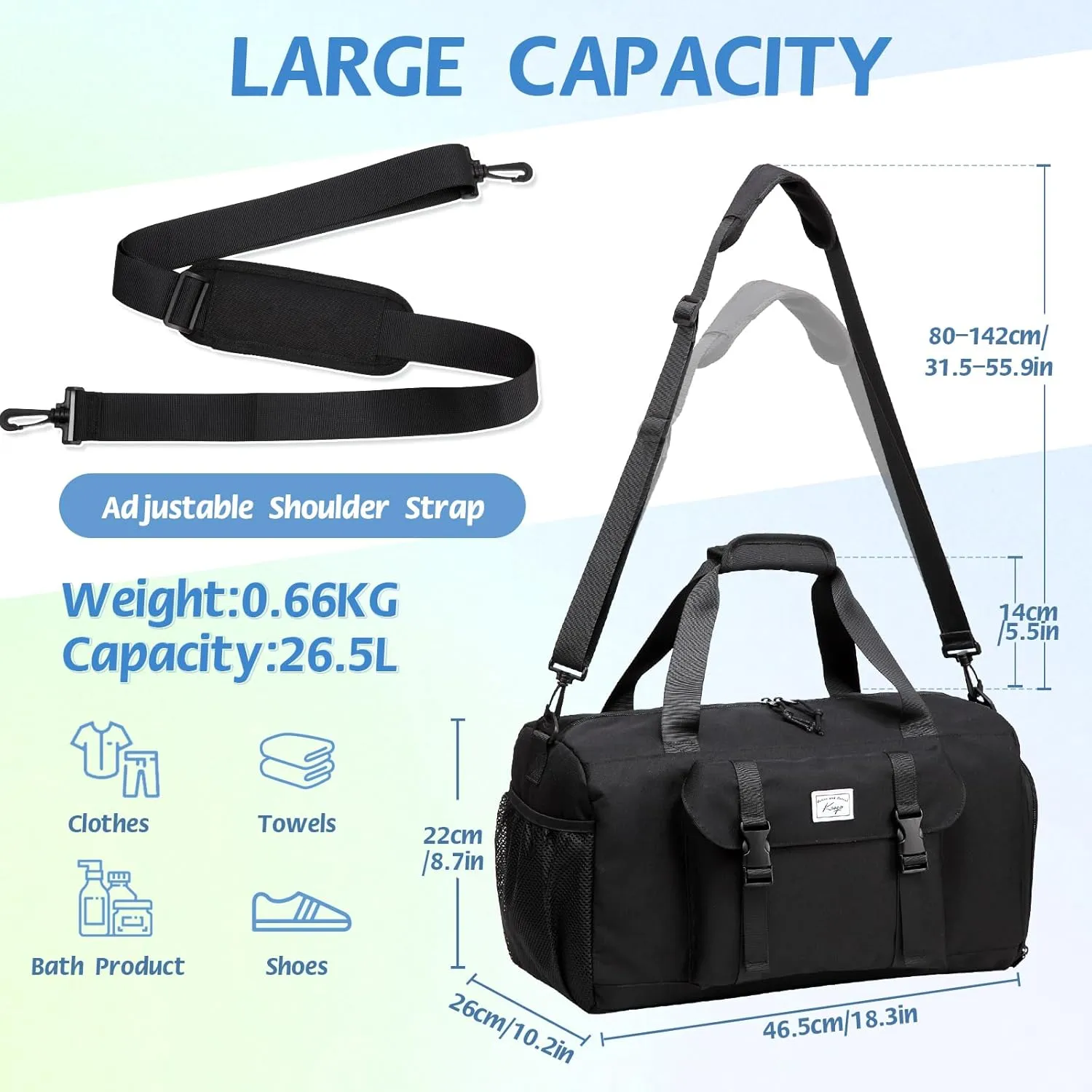 Kids Overnight Duffel Bags,Kasqo Boys Travel Bag Water Resistant Sports Gym Bag Dance Bag for Teens Girls Sleepover Bag School Weekender Carry On Tote with Shoes Compartment Dry Wet Pocket,Black