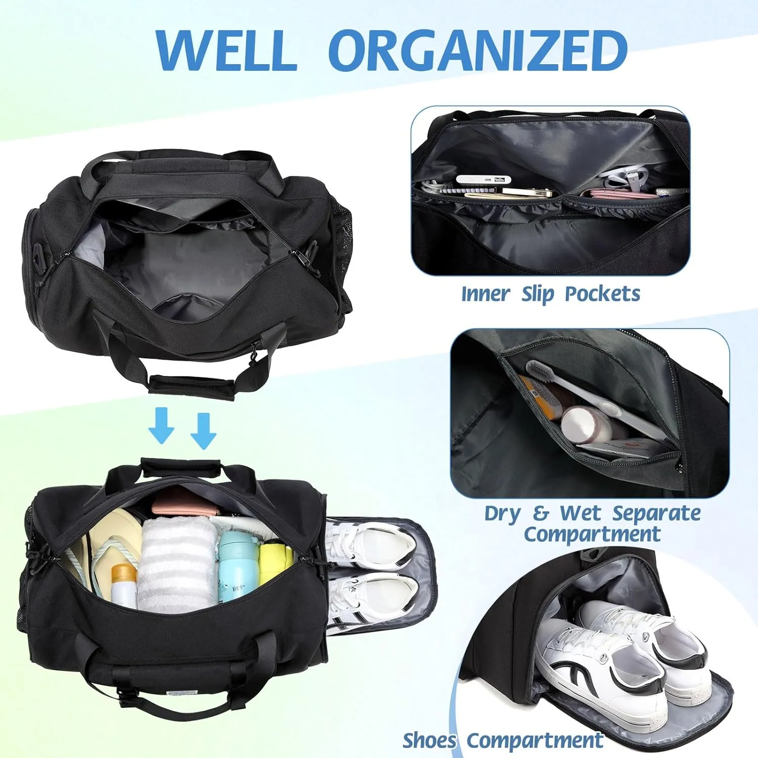 Kids Overnight Duffel Bags,Kasqo Boys Travel Bag Water Resistant Sports Gym Bag Dance Bag for Teens Girls Sleepover Bag School Weekender Carry On Tote with Shoes Compartment Dry Wet Pocket,Black