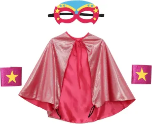 Kids Superheroes Cosplay Cloak Cape Half Face Mask Star Stickers Bracelets Set Boy Girl Cosplay Theme Party