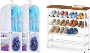 KIMBORA Costume Dance Garment Bag with 3 Clear Zipper Pockets and 5 Tier Shoe Rack for Entryway Rustic Brown and White