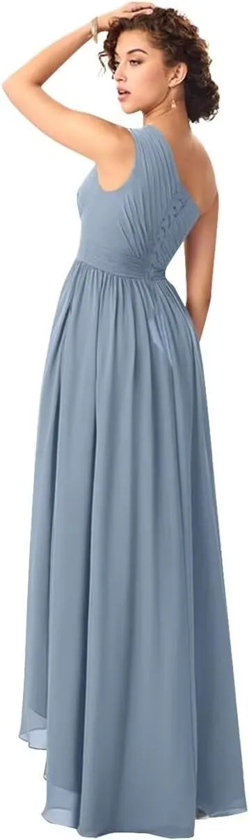 Kyeuan One Shoulder Bridesmaid Dresses for Women Hi-Lo Chiffon Formal Evening Gowns with Pockets Party Dress for Girls