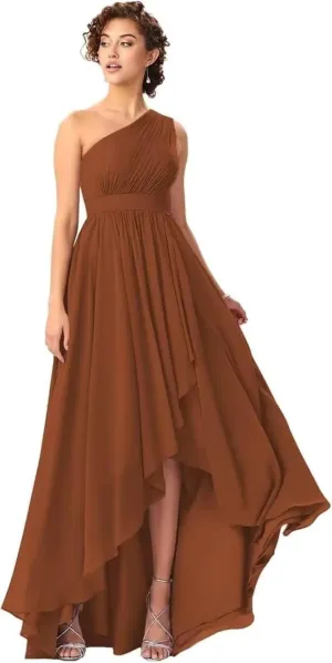 Kyeuan One Shoulder Bridesmaid Dresses for Women Hi-Lo Chiffon Formal Evening Gowns with Pockets Party Dress for Girls