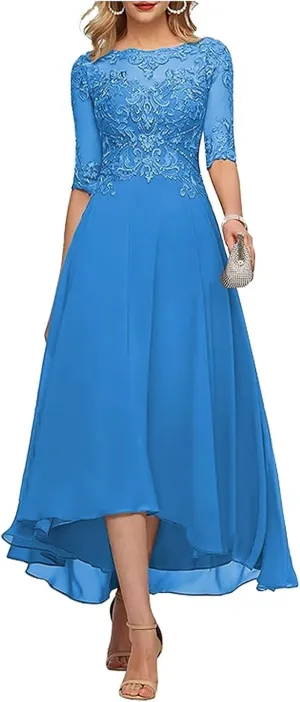 Lace Applique Mother of The Bride Dresses for Wedding Tea Length Half Sleeve Beaded Chiffon Formal Evening Dress with Pockets