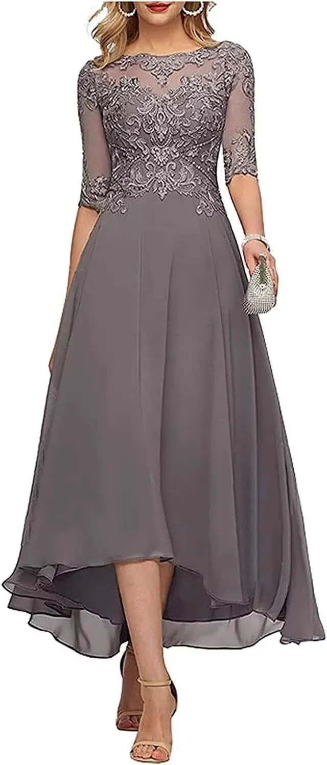 Lace Applique Mother of The Bride Dresses for Wedding Tea Length Half Sleeve Beaded Chiffon Formal Evening Dress with Pockets