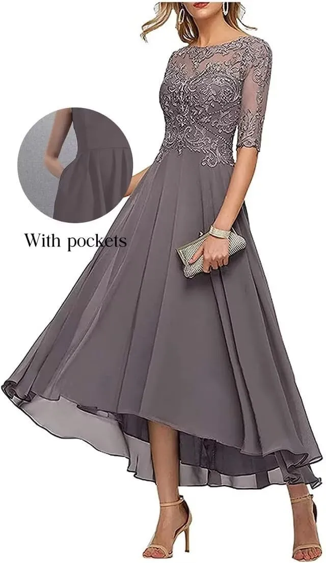 Lace Applique Mother of The Bride Dresses for Wedding Tea Length Half Sleeve Beaded Chiffon Formal Evening Dress with Pockets