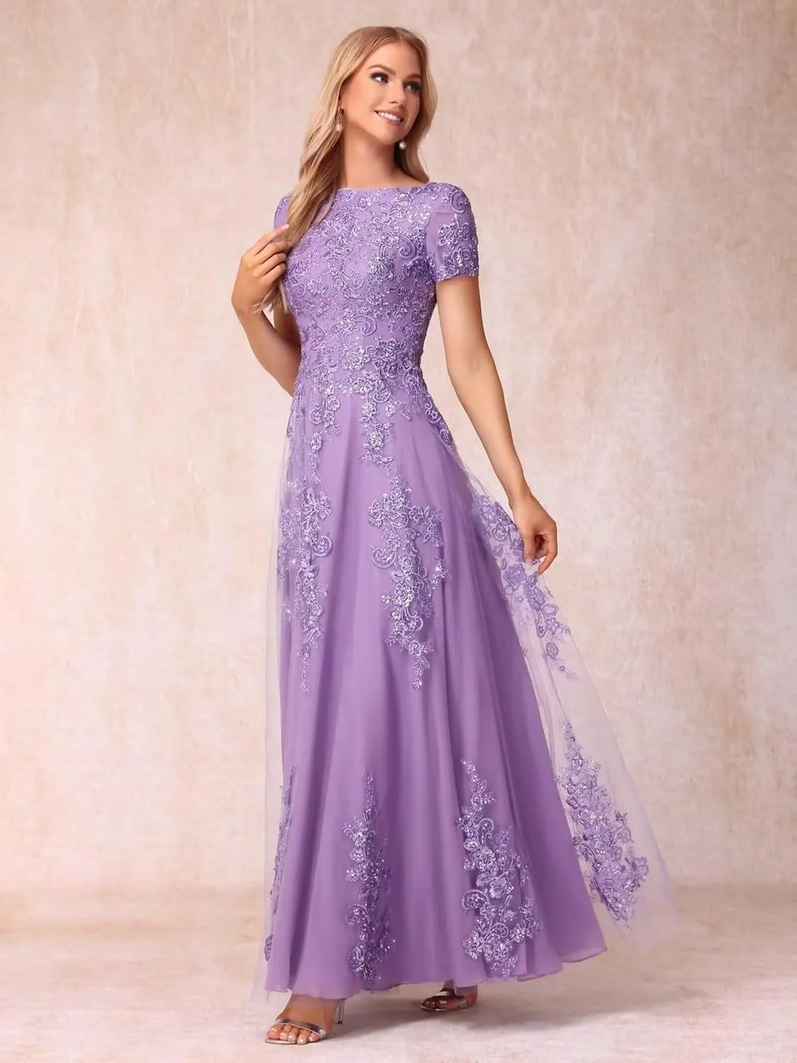 Lace Appliques Mother of The Bride Dresses Short Sleeve Long Sequin A-Line Formal Evening Prom Dress
