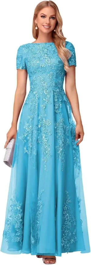 Lace Appliques Mother of The Bride Dresses Short Sleeve Long Sequin A-Line Formal Evening Prom Dress
