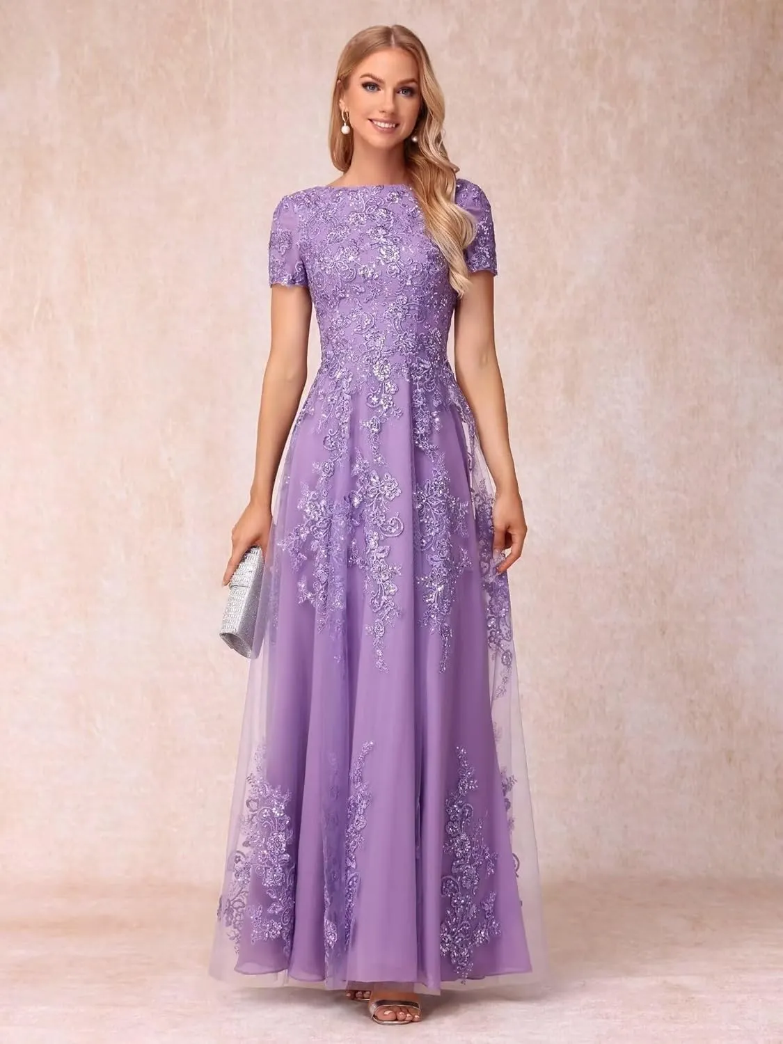 Lace Appliques Mother of The Bride Dresses Short Sleeve Long Sequin A-Line Formal Evening Prom Dress