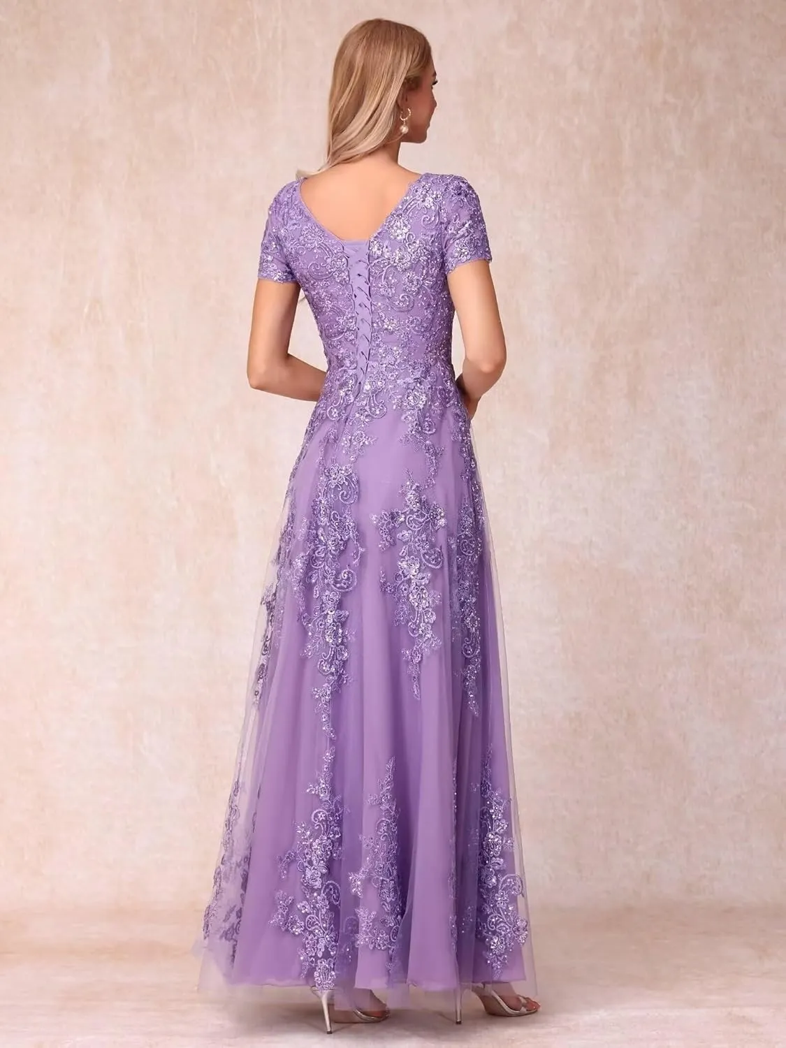 Lace Appliques Mother of The Bride Dresses Short Sleeve Long Sequin A-Line Formal Evening Prom Dress