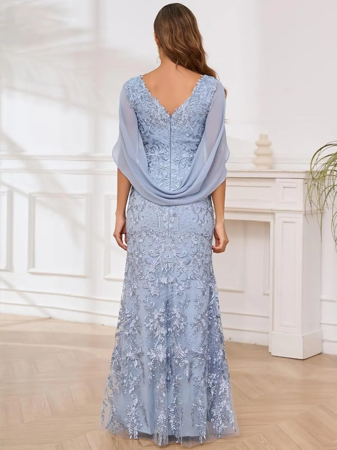 Lace Mermaid Mother of The Bride Dresses for Wedding Long V Neck Cape Sleeve Formal Gown Evening Dress