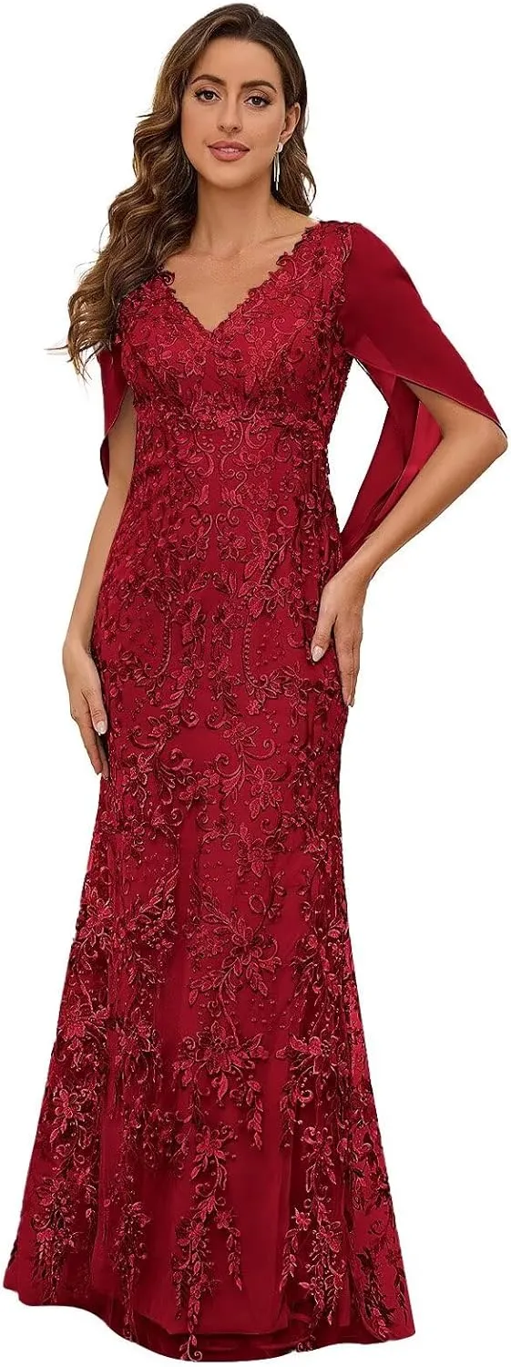 Lace Mermaid Mother of The Bride Dresses for Wedding Long V Neck Cape Sleeve Formal Gown Evening Dress