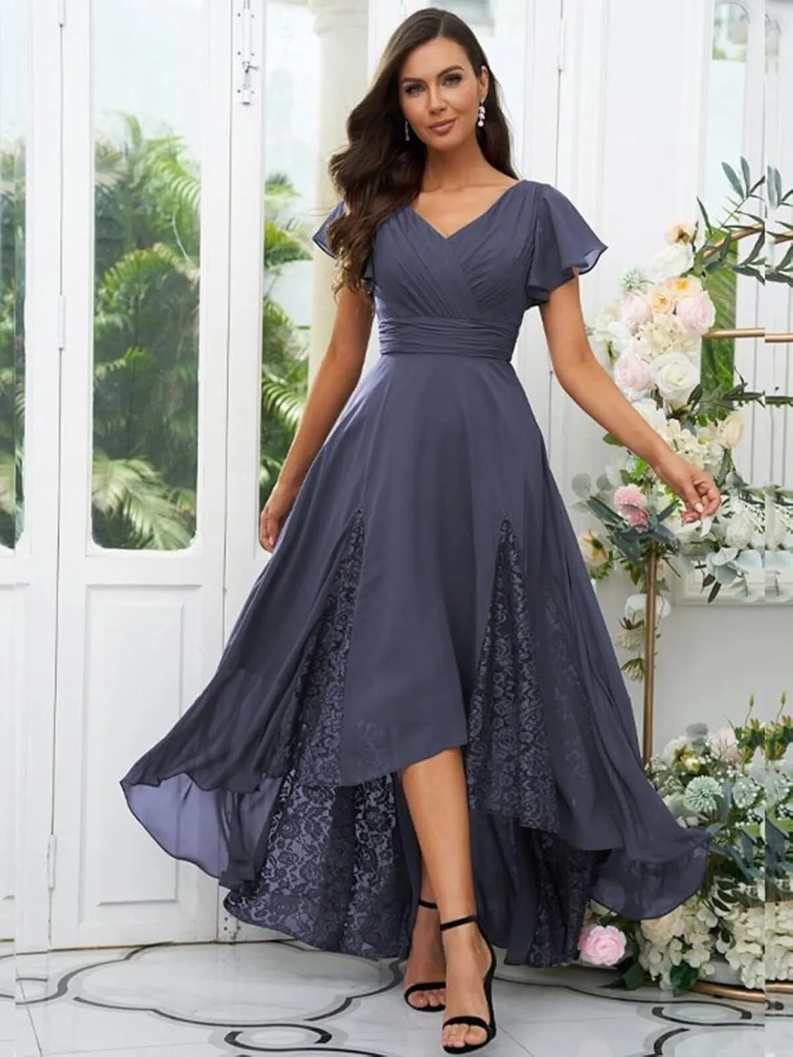Lace Mother of The Bride Dress V Neck Tea Length Formal Party Gown Applique Short Sleeve Chiffon Bridesmaid Dress ZA905