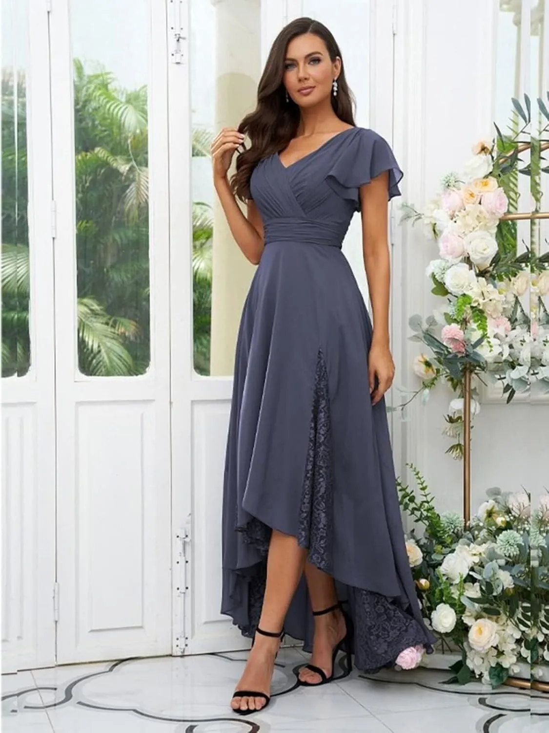 Lace Mother of The Bride Dress V Neck Tea Length Formal Party Gown Applique Short Sleeve Chiffon Bridesmaid Dress ZA905