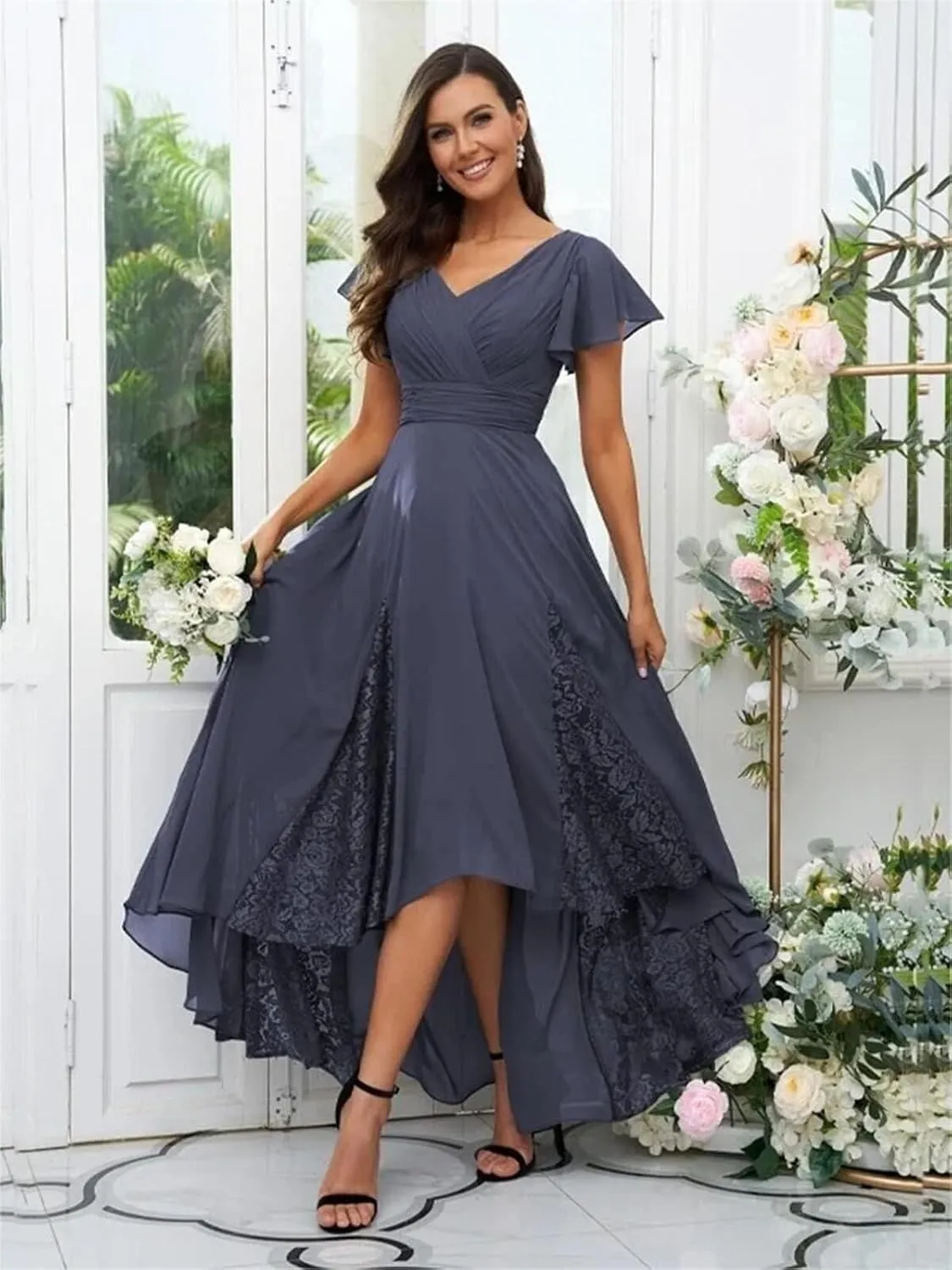 Lace Mother of The Bride Dress V Neck Tea Length Formal Party Gown Applique Short Sleeve Chiffon Bridesmaid Dress ZA905