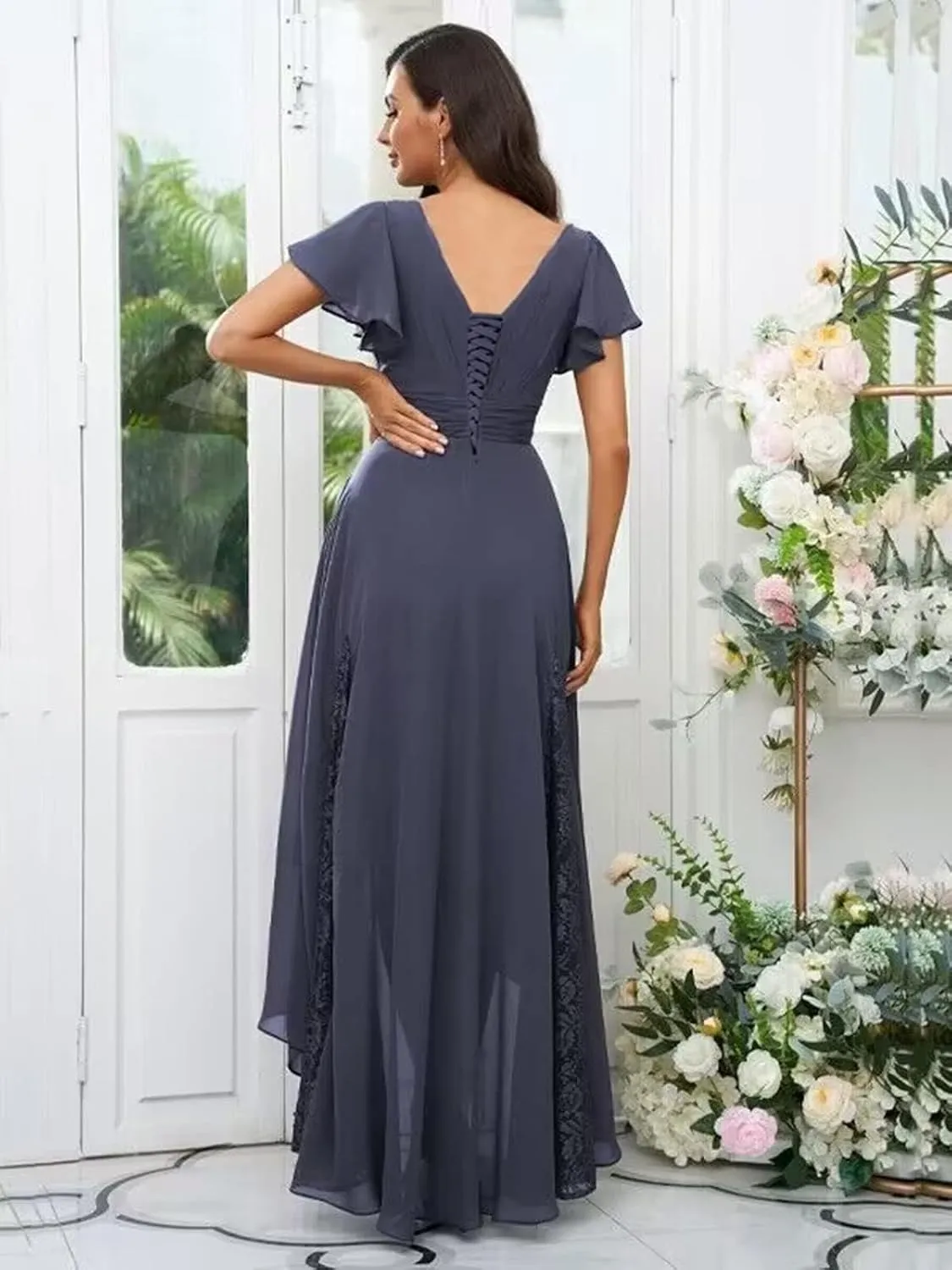 Lace Mother of The Bride Dress V Neck Tea Length Formal Party Gown Applique Short Sleeve Chiffon Bridesmaid Dress ZA905