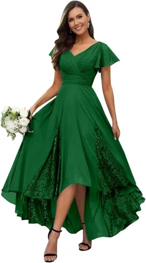 Lace Mother of The Bride Dress V Neck Tea Length Formal Party Gown Applique Short Sleeve Chiffon Bridesmaid Dress ZA905