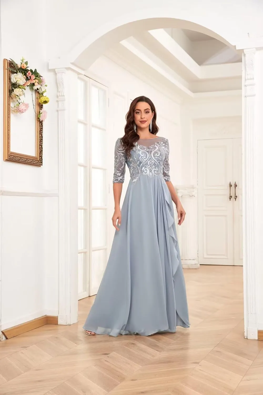Lace Mother of The Bride Dresses for Wedding Half Sleeve Chiffon Ruffle Formal Evening Dress