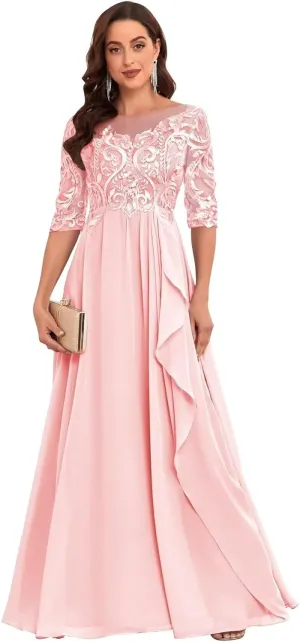 Lace Mother of The Bride Dresses for Wedding Half Sleeve Chiffon Ruffle Formal Evening Dress
