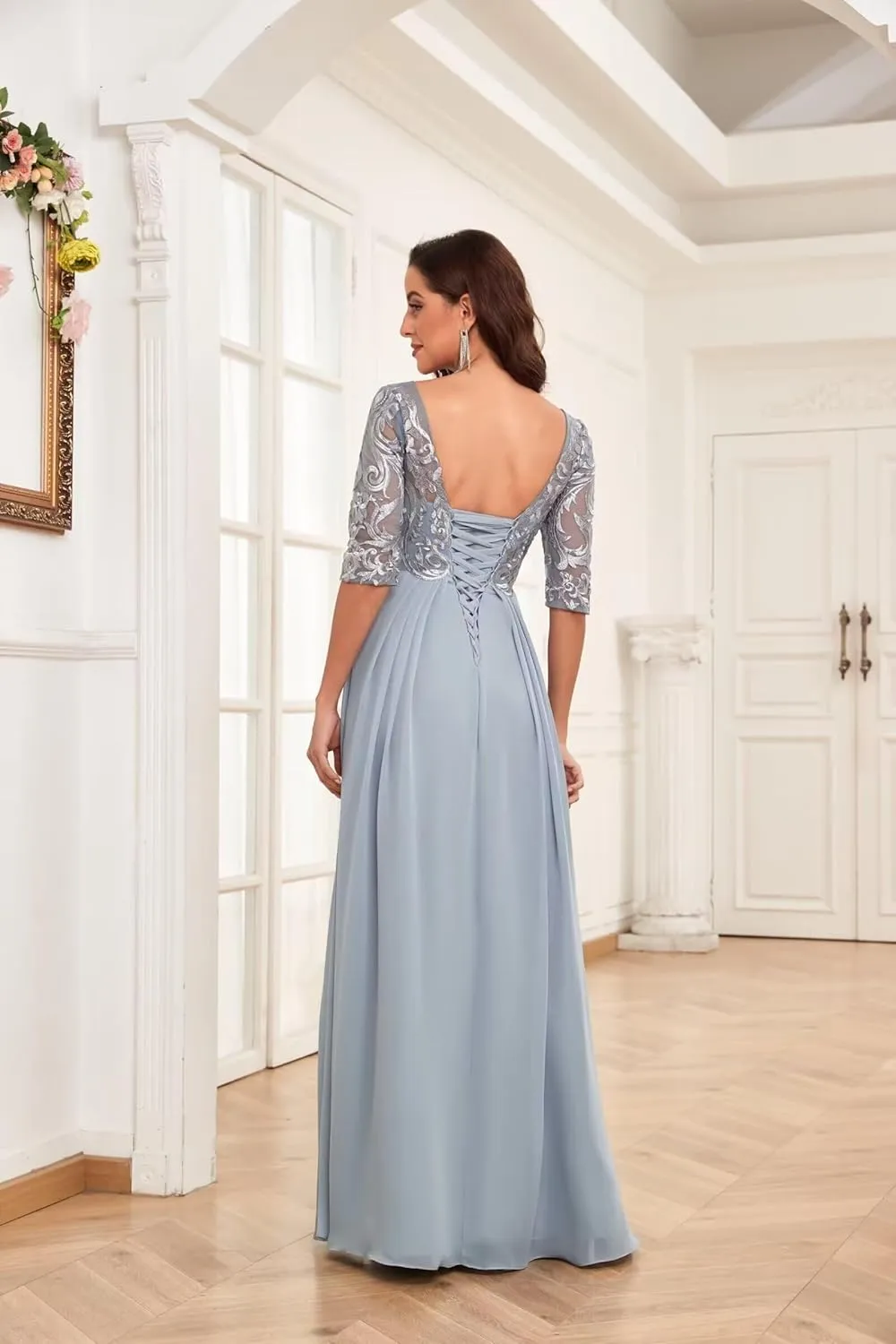 Lace Mother of The Bride Dresses for Wedding Half Sleeve Chiffon Ruffle Formal Evening Dress