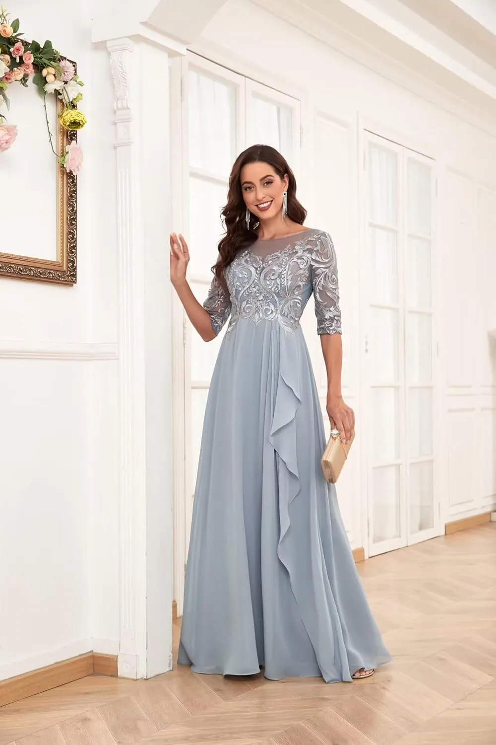 Lace Mother of The Bride Dresses for Wedding Half Sleeve Chiffon Ruffle Formal Evening Dress