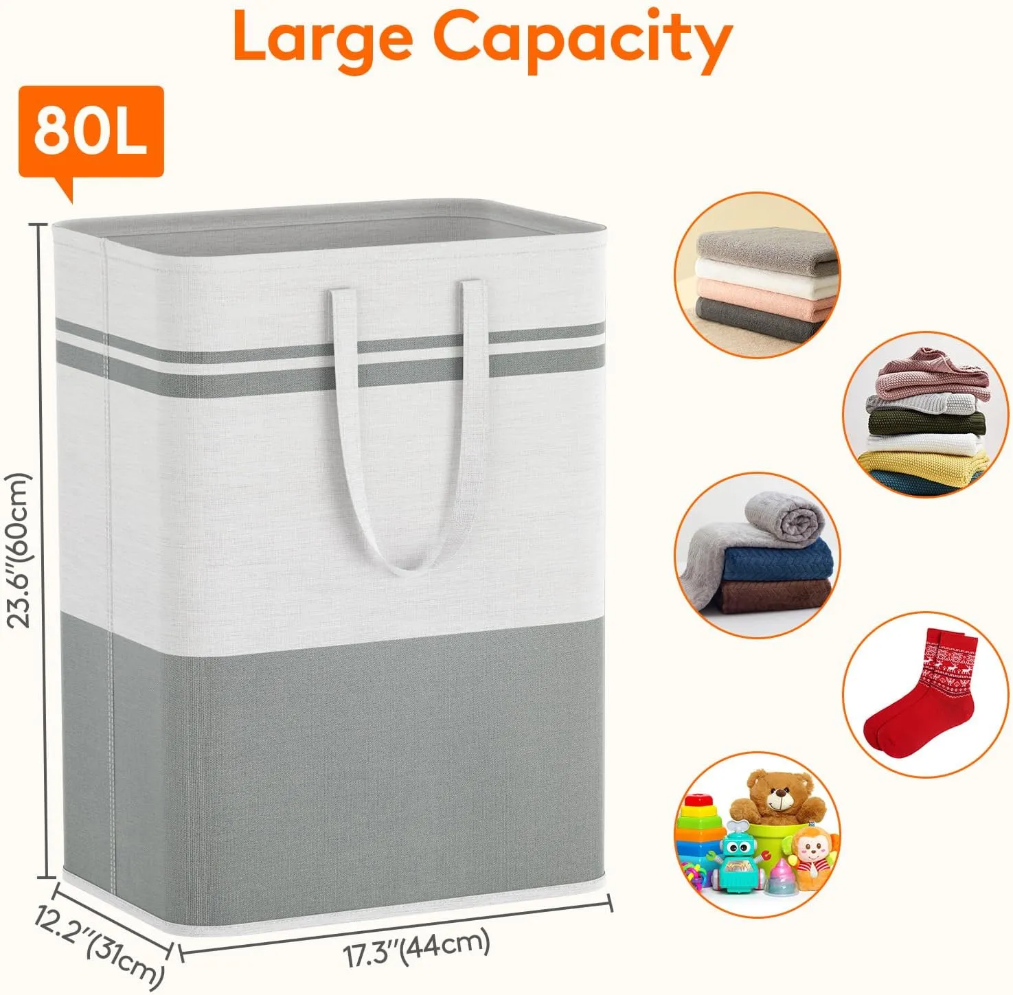 Lifewit 2 Pack 80L Large Freestanding Laundry Hamper, Collapsible Laundry Basket with Easy Carry Handles, Waterproof Tall Clothes Hamper for Laundry Dorm Bedroom Bathroom, Grey-White