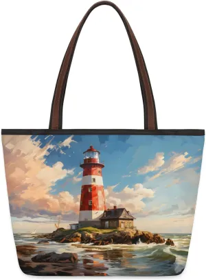 Lighthouses Oceans Tote Bag Multi Pocket Zippered Beach Bag Lightweight Waterproof Handbag