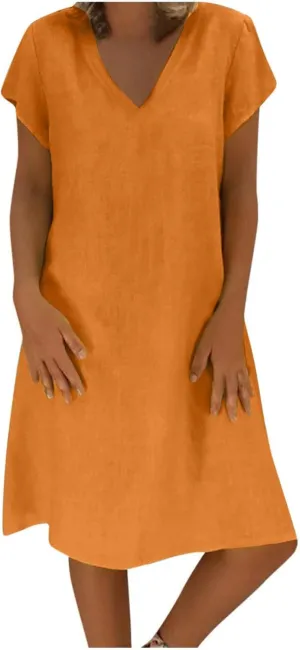 Linen Dresses for Women Summer Casual V Neck Short Sleeve Midi Dress Loose Fit Solid Tshirt Dresses Beach Tunic Sundresses