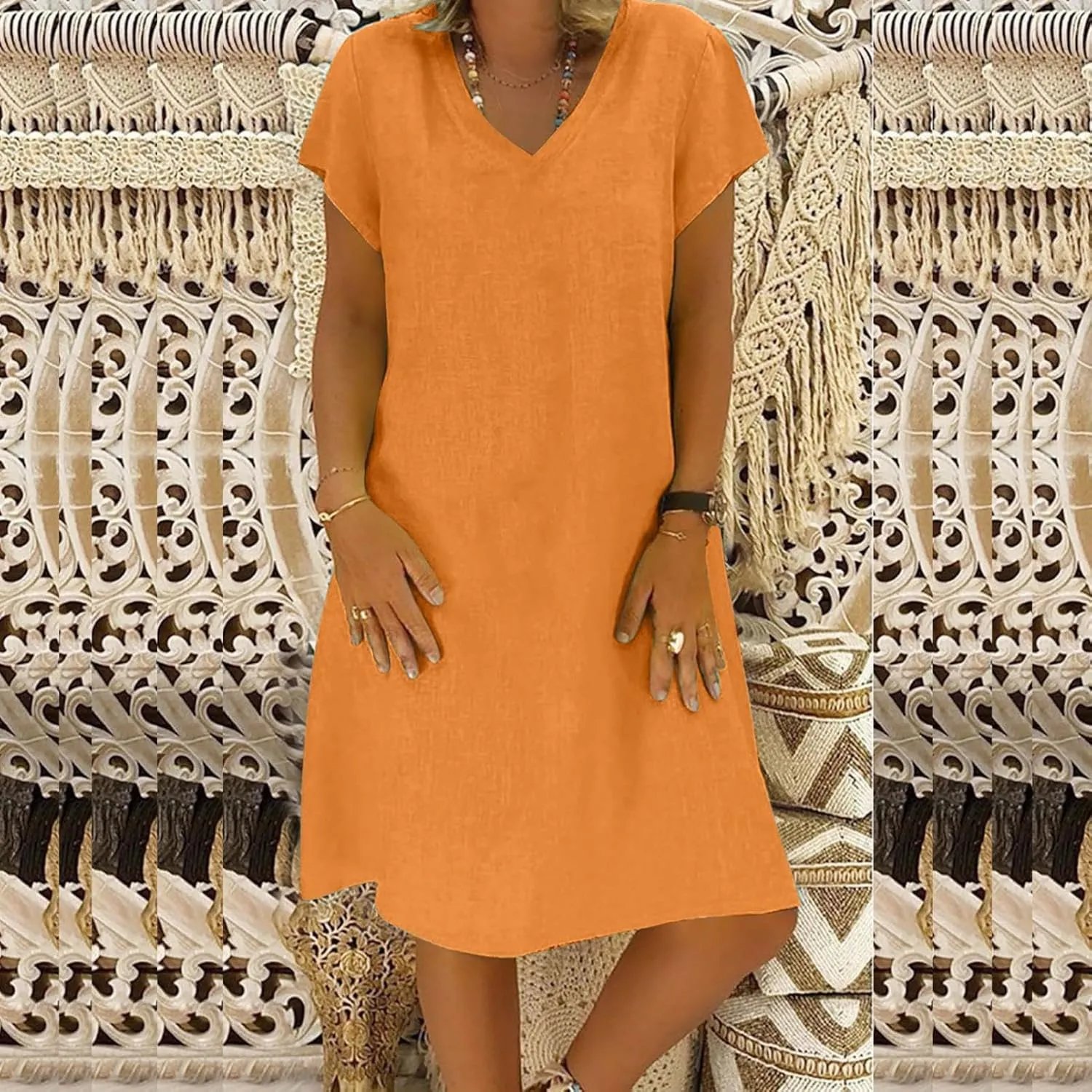 Linen Dresses for Women Summer Casual V Neck Short Sleeve Midi Dress Loose Fit Solid Tshirt Dresses Beach Tunic Sundresses
