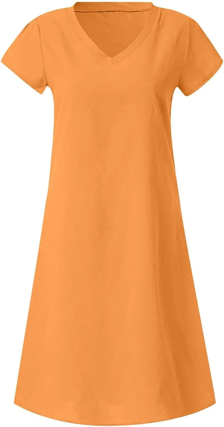 Linen Dresses for Women Summer Casual V Neck Short Sleeve Midi Dress Loose Fit Solid Tshirt Dresses Beach Tunic Sundresses