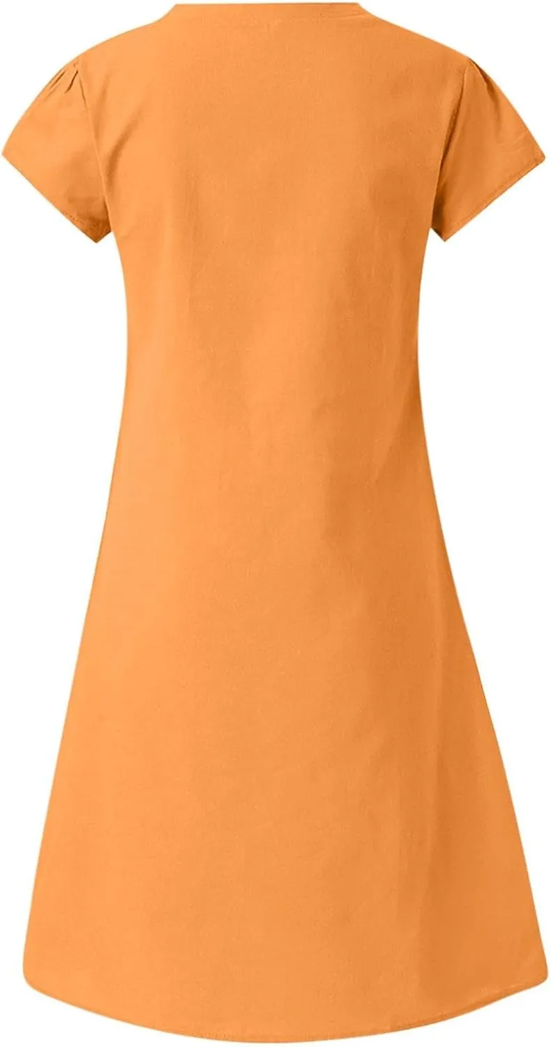 Linen Dresses for Women Summer Casual V Neck Short Sleeve Midi Dress Loose Fit Solid Tshirt Dresses Beach Tunic Sundresses