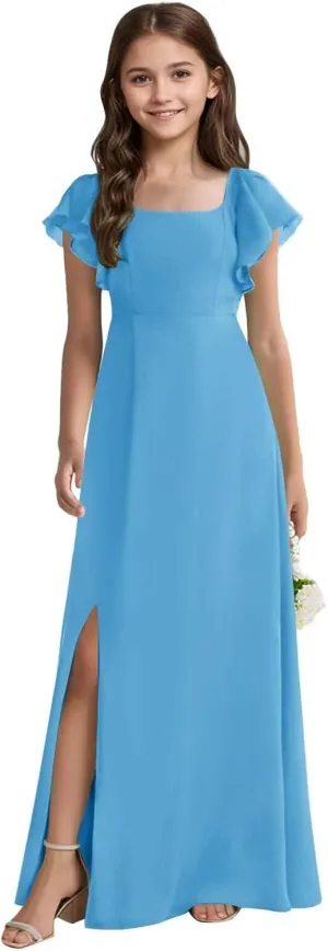 Long Chiffon Junior Bridesmaid Dresses Slit A-Line Ruffles Flower Girl Dresses for Wedding Girls Pageant Dress