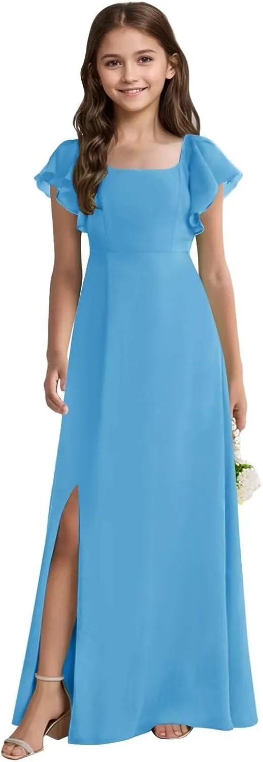 Long Chiffon Junior Bridesmaid Dresses Slit A-Line Ruffles Flower Girl Dresses for Wedding Girls Pageant Dress