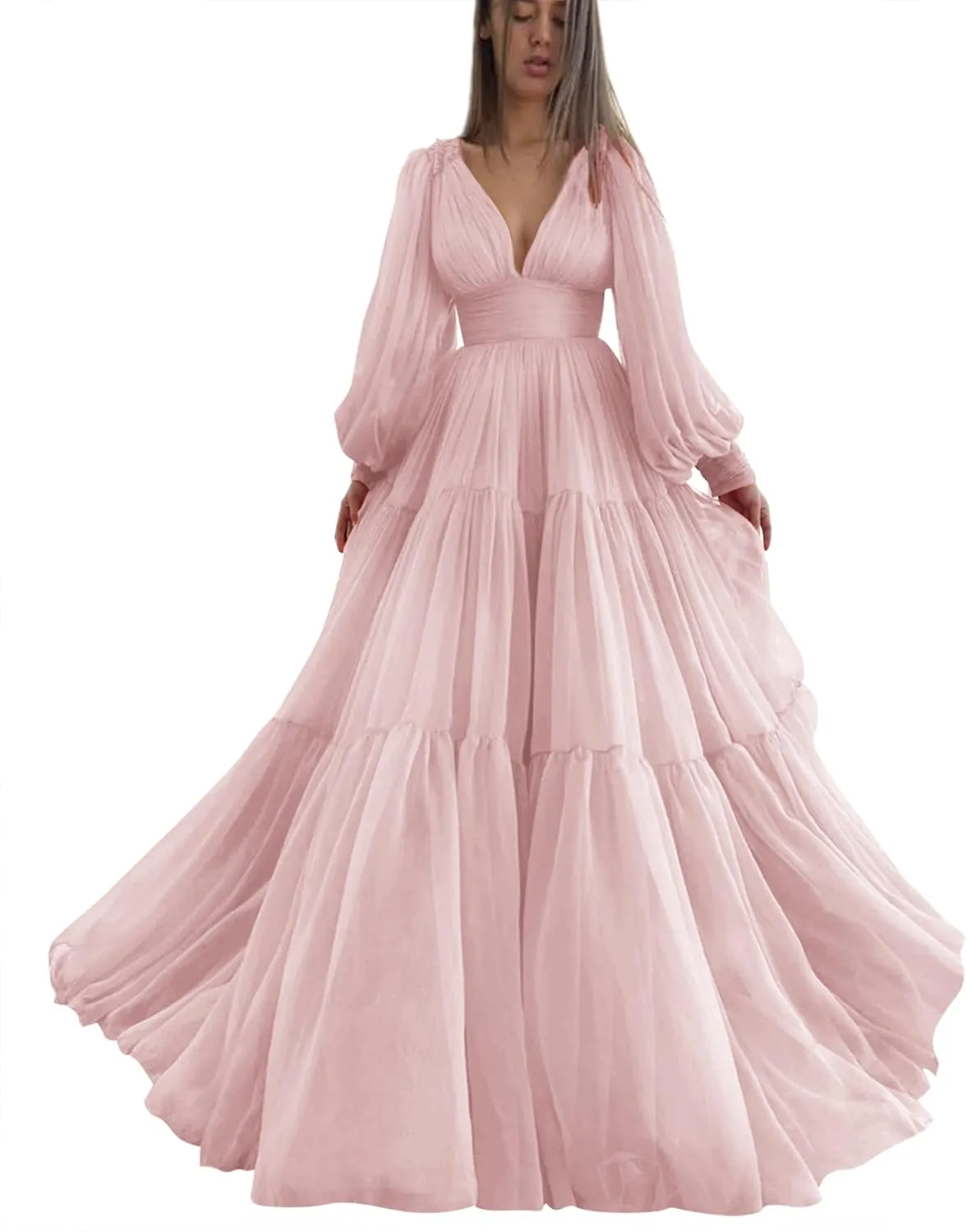 Long Puffy Sleeve Prom Dress V Neck Empire Waist Ball Gown Tulle Formal Evening Gowns for Women Formal